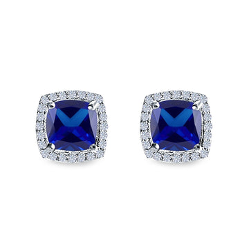 Cushion Cut Stud Earrings Simulated Blue Sapphire CZ 925 Sterling Silver